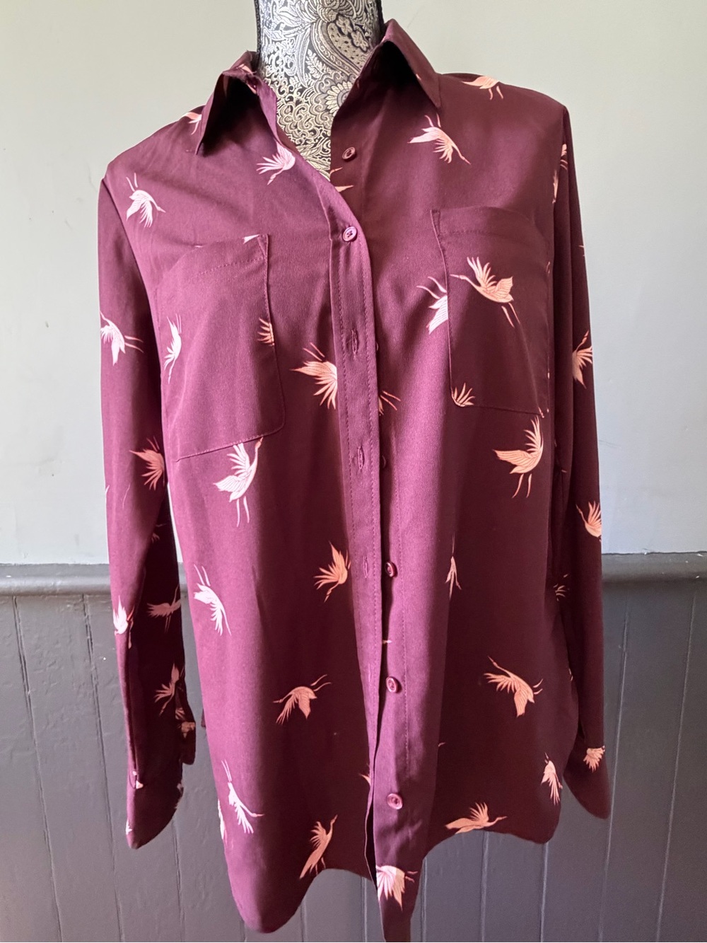 a new day Burgundy Button-Down Shirt with Blush Bird Motif